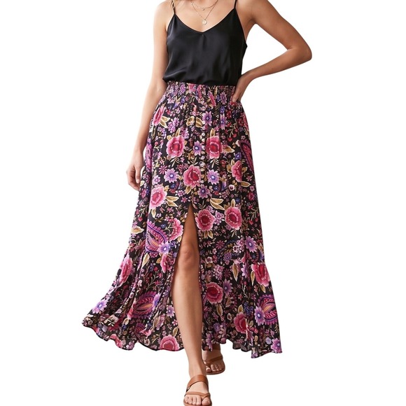 Cynthia Rowley Dresses & Skirts - VTG Cynthia Rowley Floral Maxi Skirt Size S Black Pink Tiered Boho Smocked Fairy